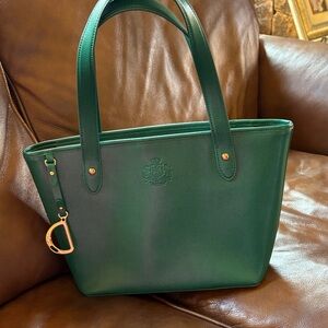 Ralph Lauren Emerald Green Leather Tote with Gold Charm. New.